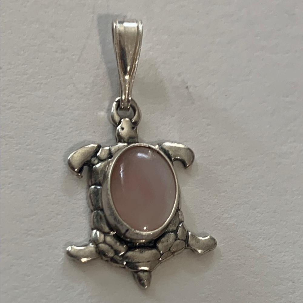 Cute Pink Opal Sterling Silver Turtle Pendant Signed